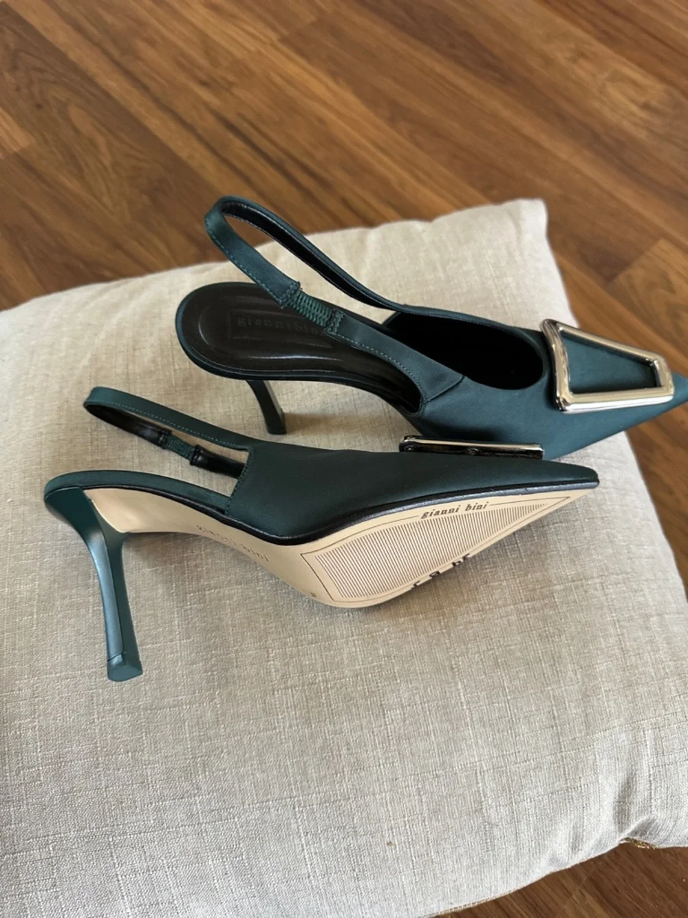 Satin Teal Slingback Pointed Toe Heels with Silver Buckle - Picture 4 of 6